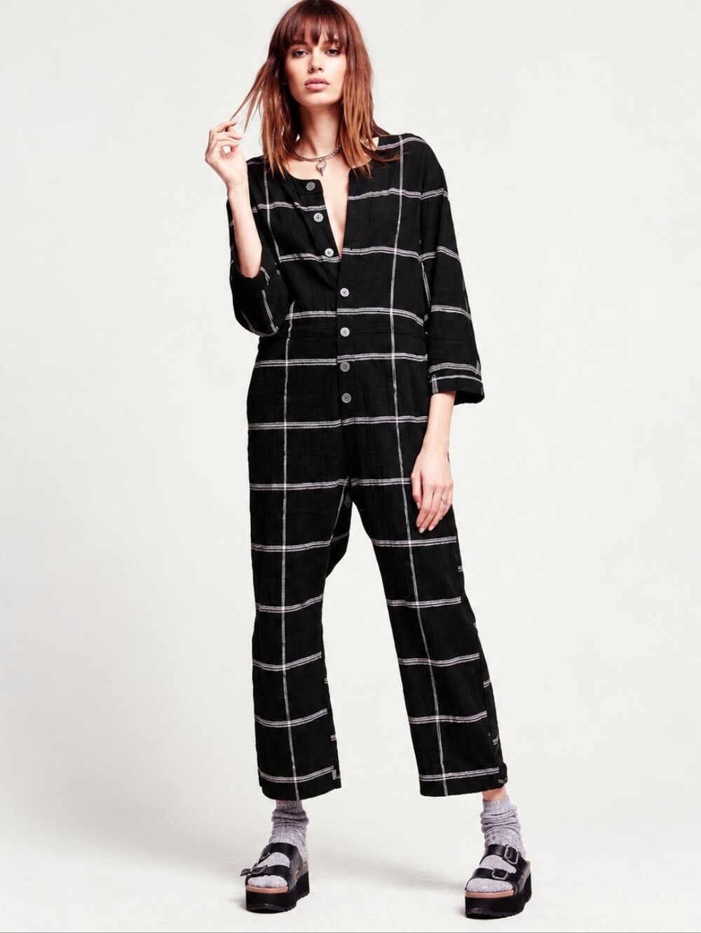 Free People Keep It In Check Black Plaid Jumpsuit XS